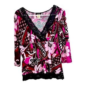 Cacama Pink & Black Floral‎ V-Neck Blouse – Size Small Lace Bling Stretchy